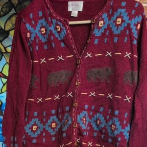 Christopher & Banks Maroon and Blue Cardigan With Bears